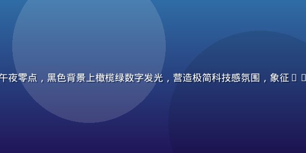 数字时钟显示00:00午夜零点，黑色背景上橄榄绿数字发光，营造极简科技感氛围，象征00在时间语境中的核心含义